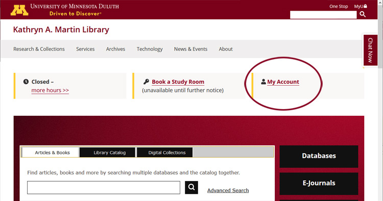 Screen shot of library home page showing button for MY ACCOUNT