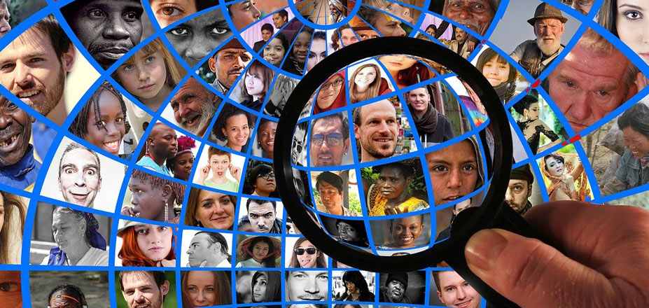 Curved global grid of many human faces