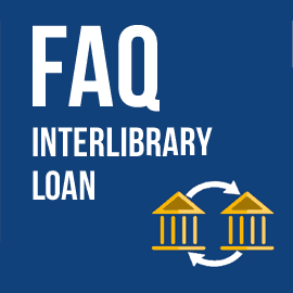 FAQ for Interlibrary Loan. Two buildings with circular arrows exchanging