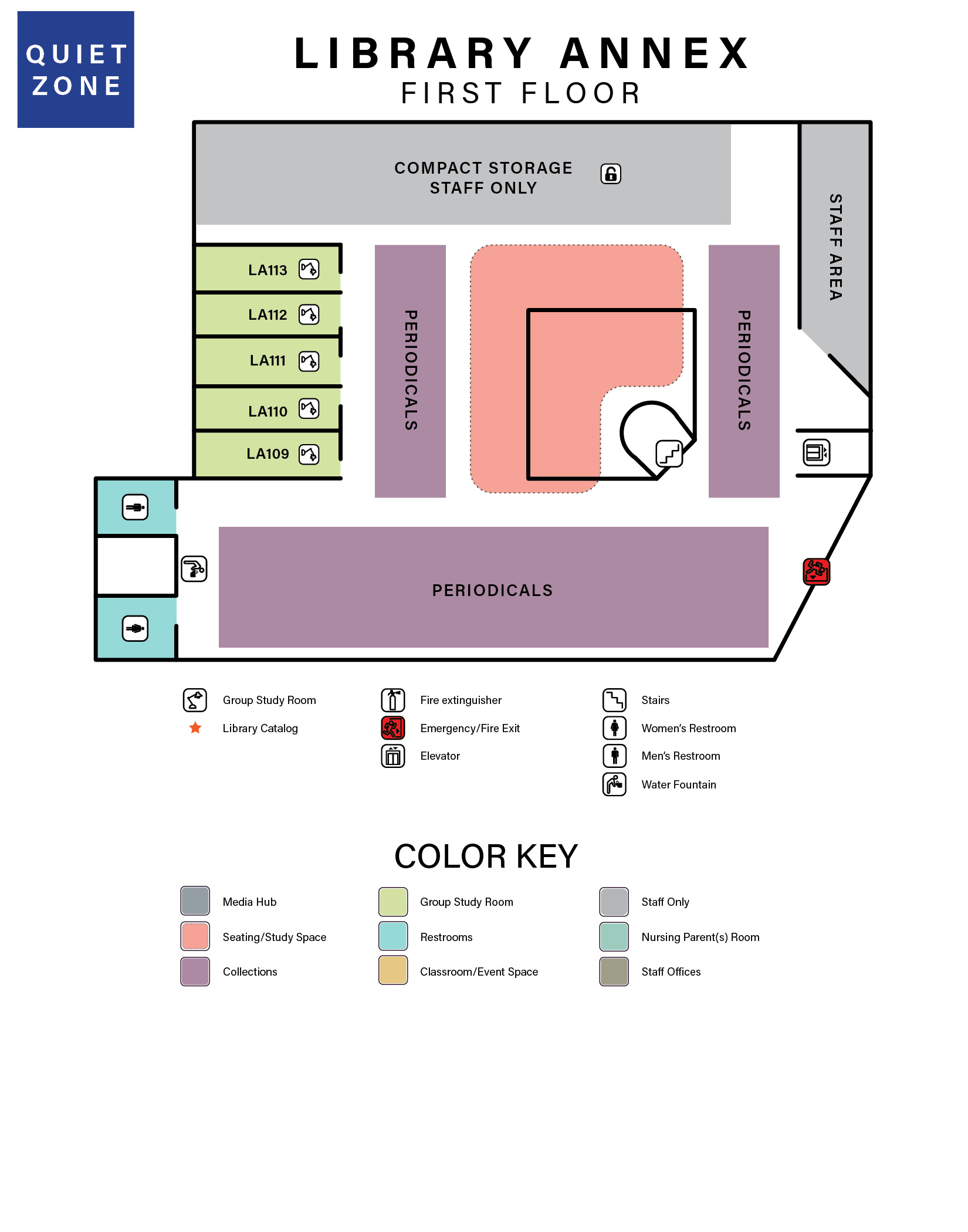 map of library annex first floor which includes descriptions of spaces and colored areas indicating types of spaces