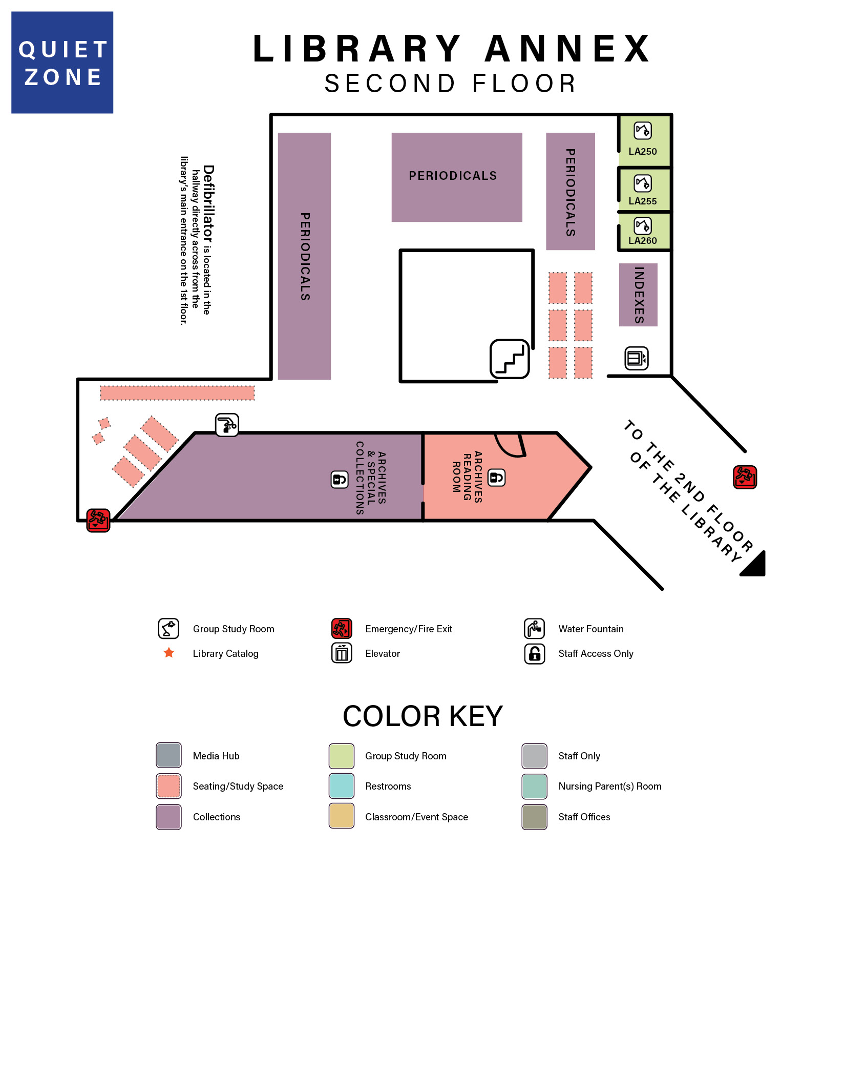 map of library annex second floor which includes descriptions of spaces and colored areas indicating types of spaces