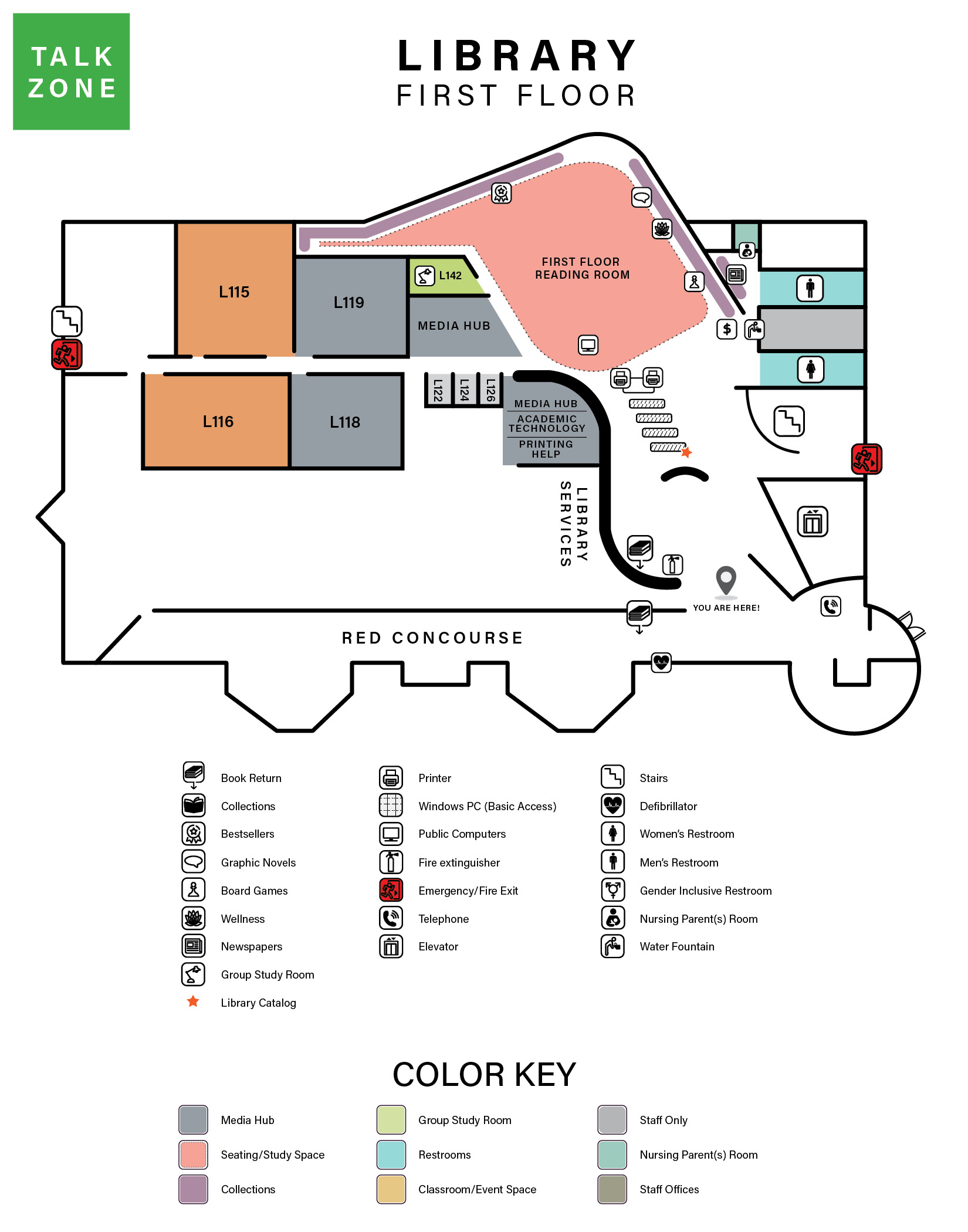 map of library first floor which includes descriptions of spaces and colored areas indicating types of spaces