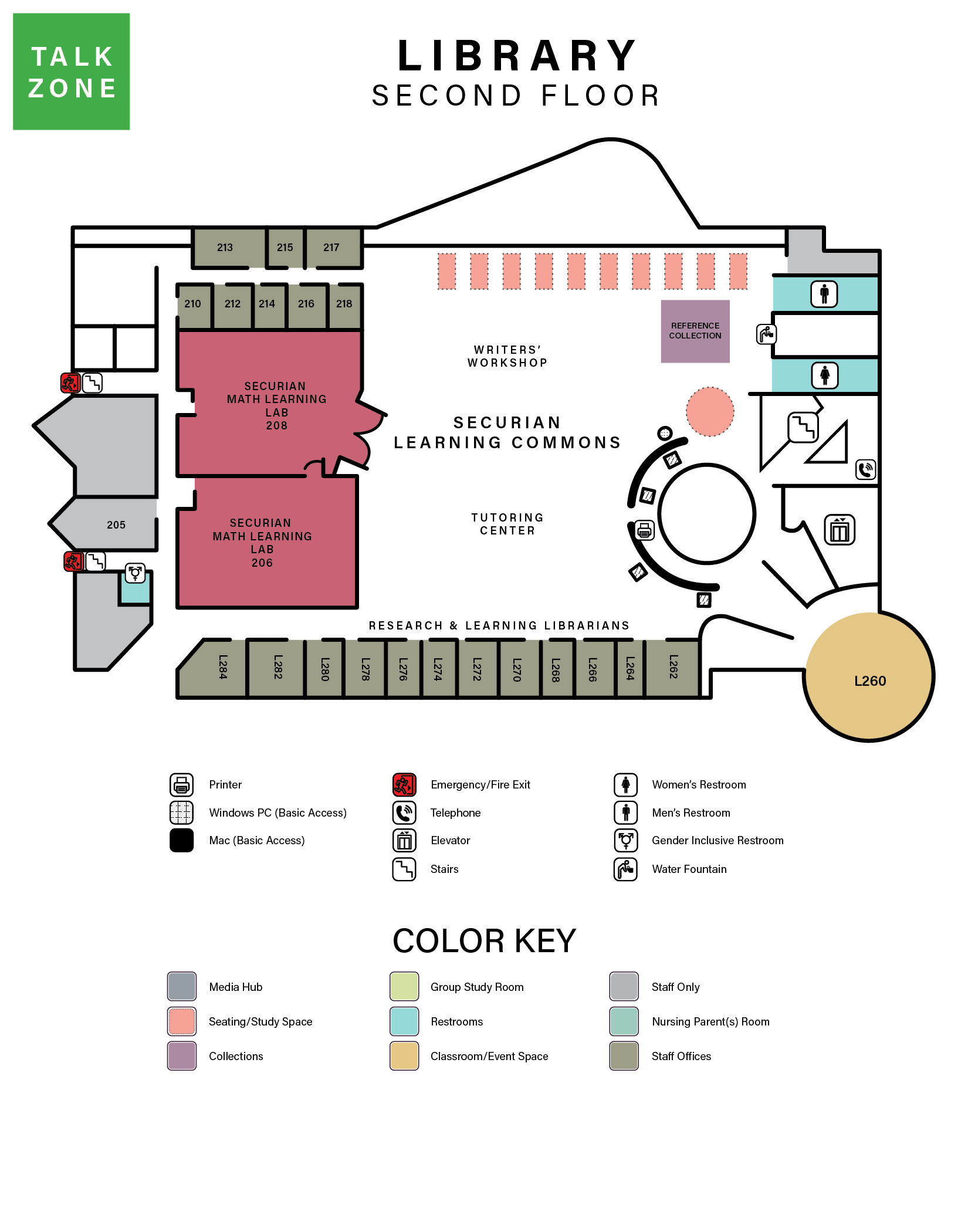 map of library second floor which includes descriptions of spaces and colored areas indicating types of spaces