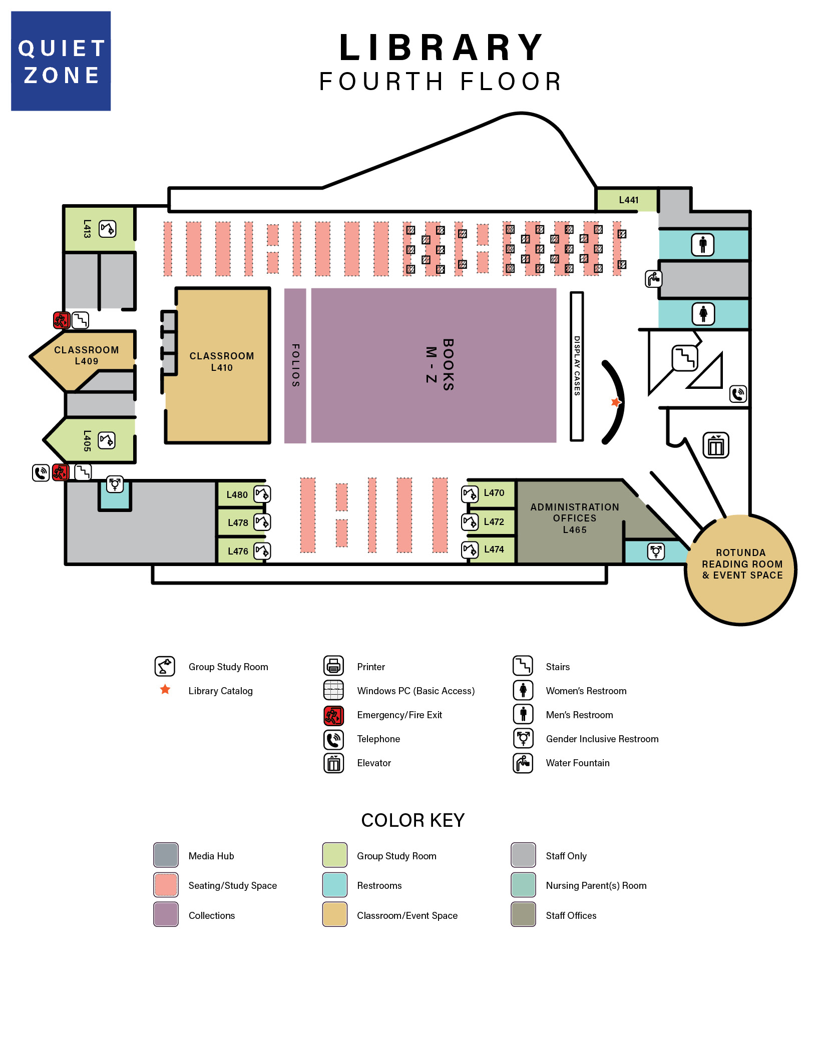 map of library fourth floor which includes descriptions of spaces and colored areas indicating types of spaces