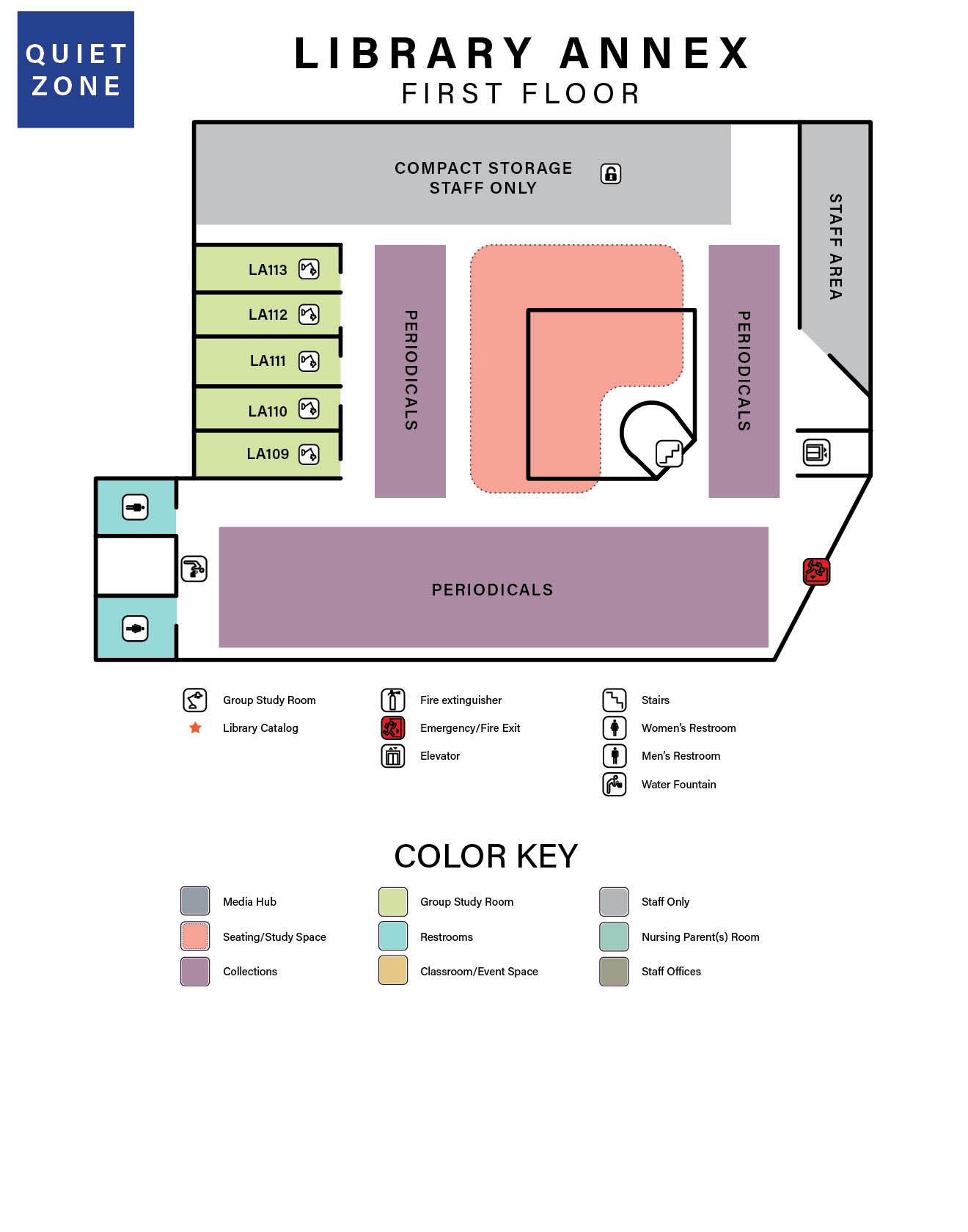 a floor map of of the library annex first floor, which shows room numbers, and space names. 