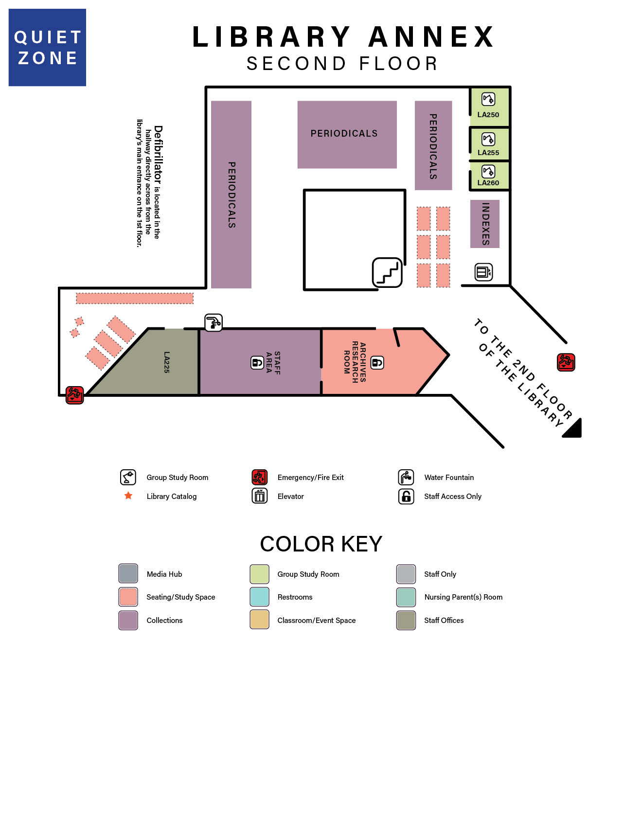 a floor map of of the library annex second floor, which shows room numbers, and space names, and also includes information such as stairwell access, emergency exits, bathrooms, etc.  