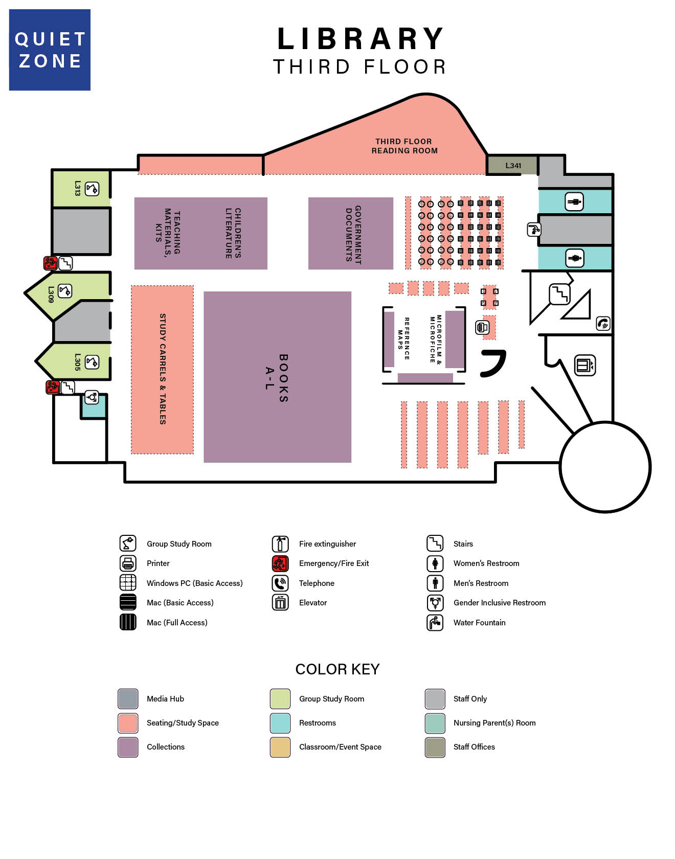 a floor map of of the library third floor, which shows room numbers, and space names, and also includes information such as stairwell access, emergency exits, bathrooms, etc.