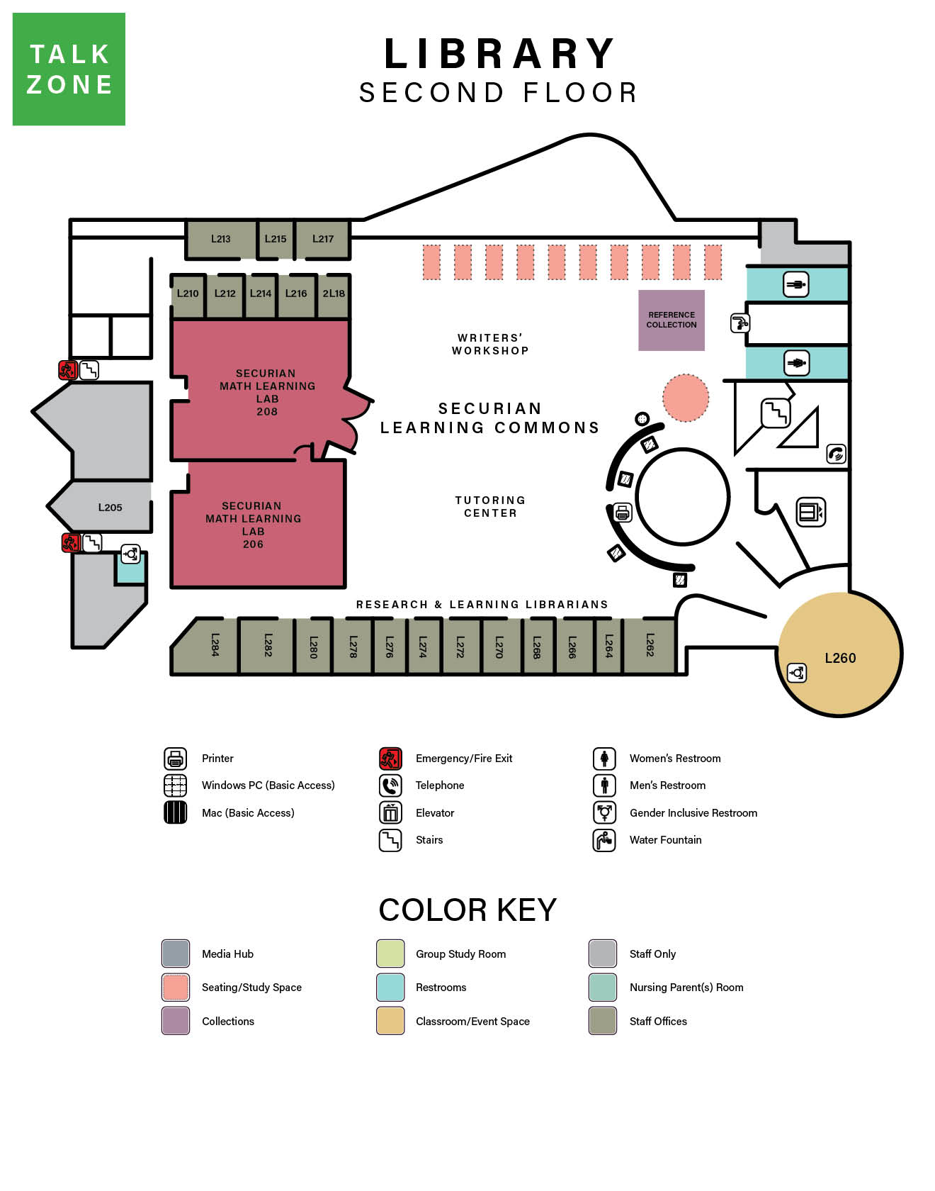 a floor map of of the library second floor, which shows room numbers, and space names, and also includes information such as stairwell access, emergency exits, bathrooms, etc.