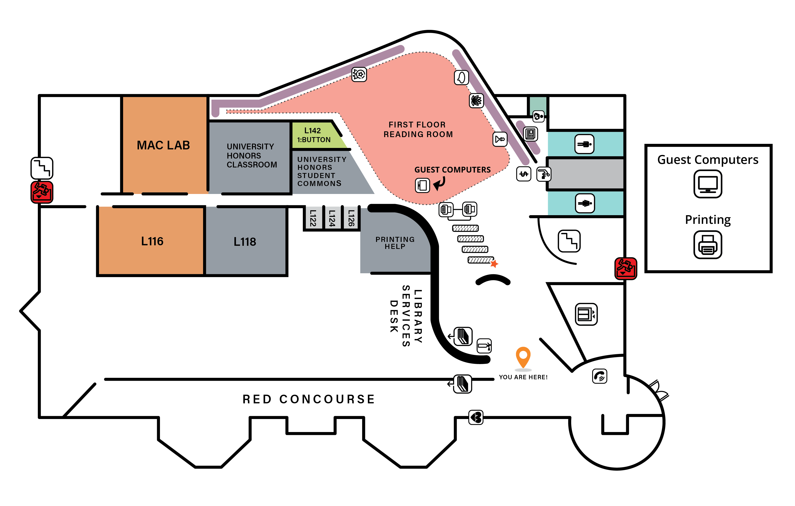 Map showing Guest Computers on first floor past circulation desk