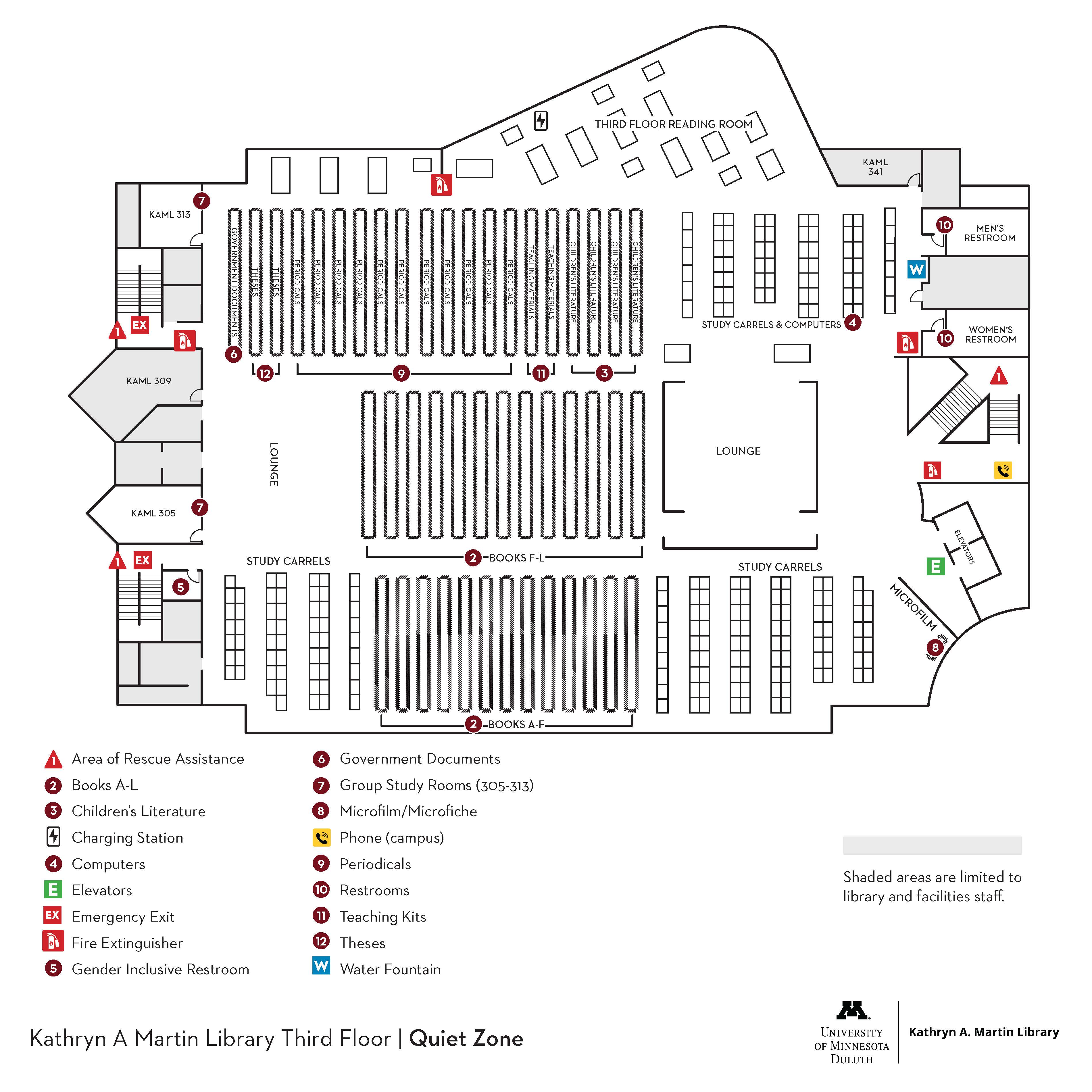 Map of the third floor of Kathryn A. Martin Library at the University of Minnesota Duluth, indicating room layouts, facilities like restrooms and elevators, and emergency exits.