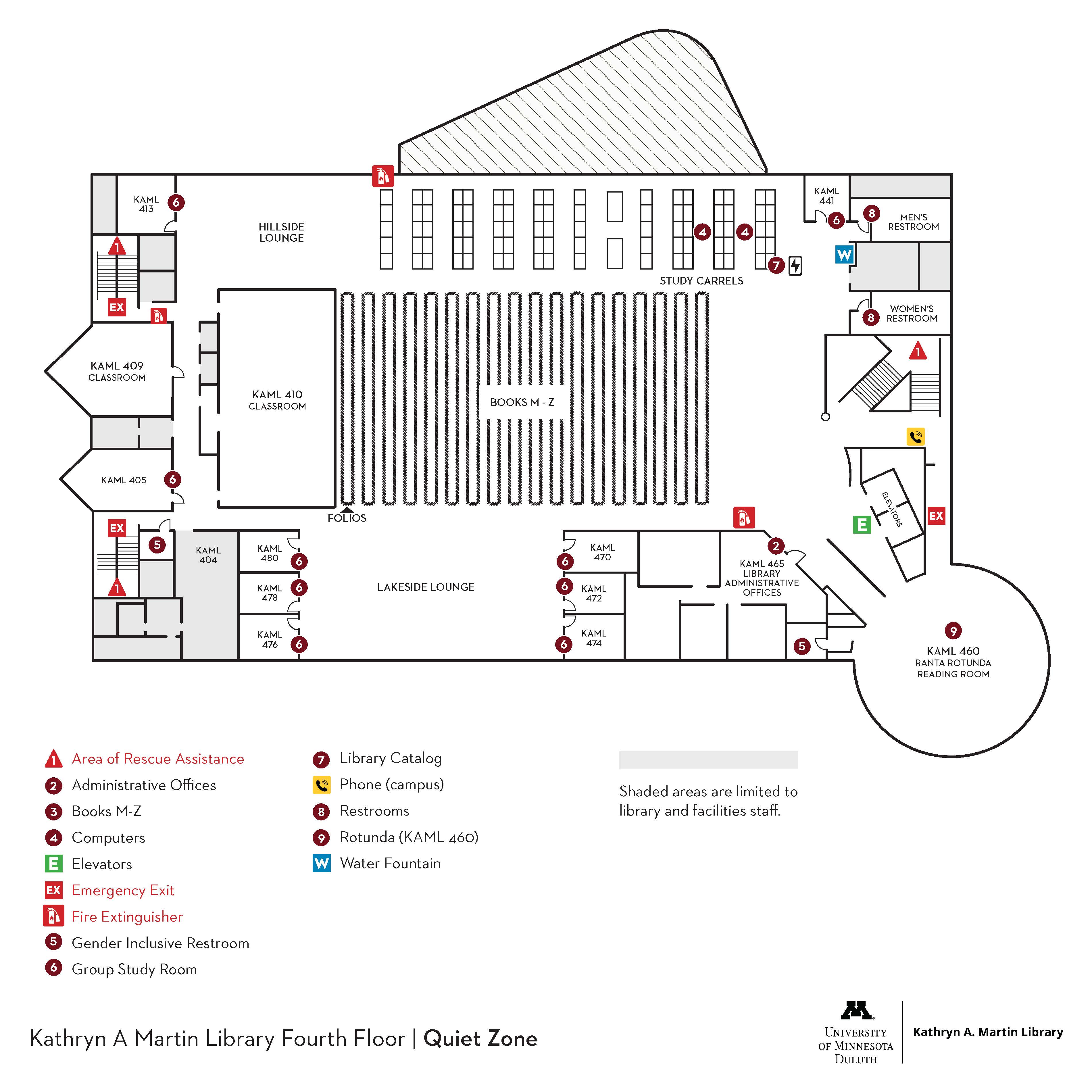 Map of the fourth floor of Kathryn A. Martin Library at the University of Minnesota Duluth, indicating room layouts, facilities like restrooms and elevators, and emergency exits.