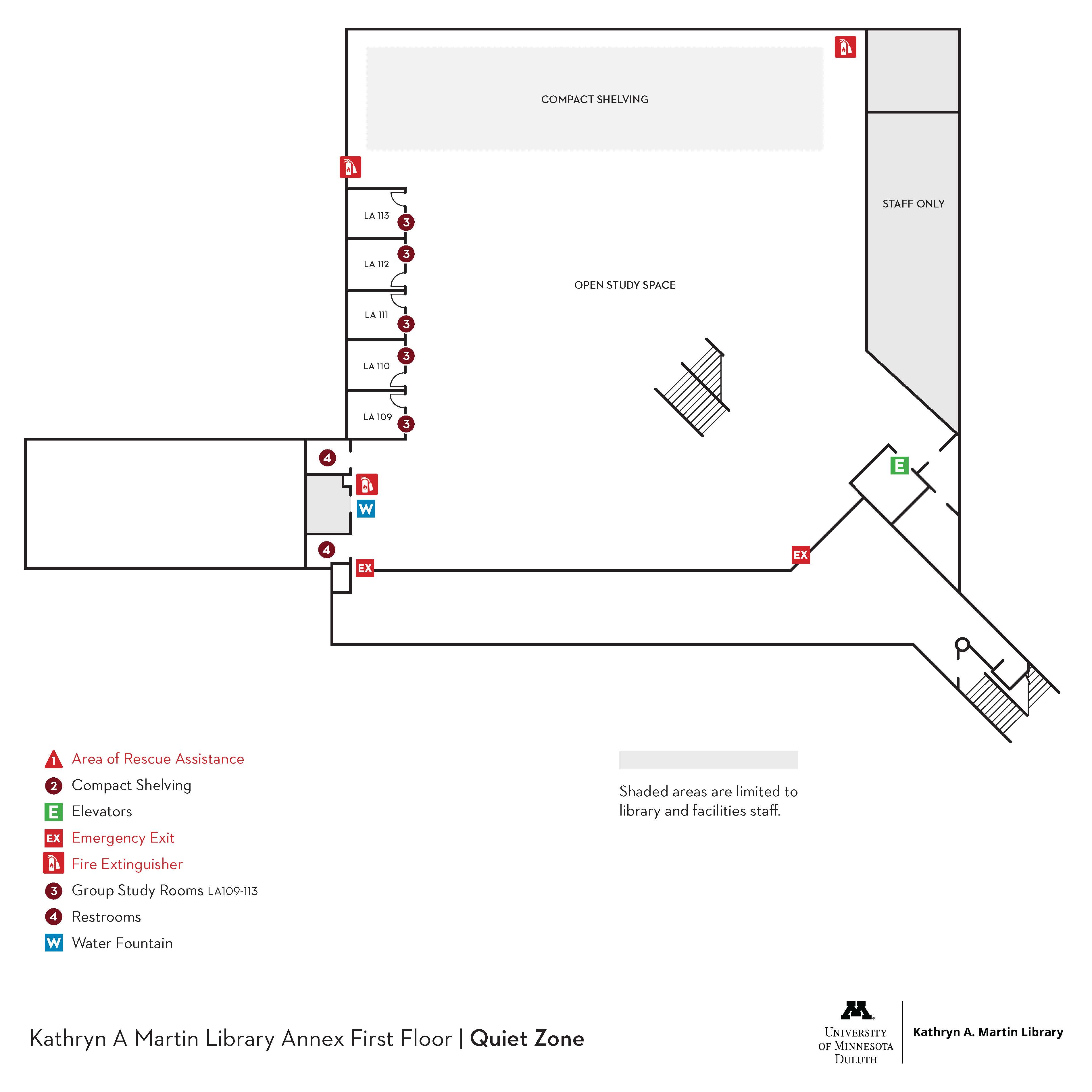 Map of the annex first floor of Kathryn A. Martin Library at the University of Minnesota Duluth, indicating room layouts, facilities like restrooms and elevators, and emergency exits.