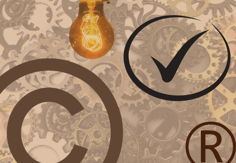 Collage of a copyright symbol, checkmark, and lightbulb