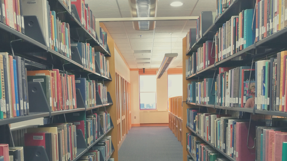 an image of shelving in a library that is full of books