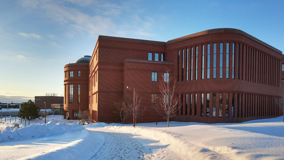 Pictured: library building from the outside on a sunny winter morning