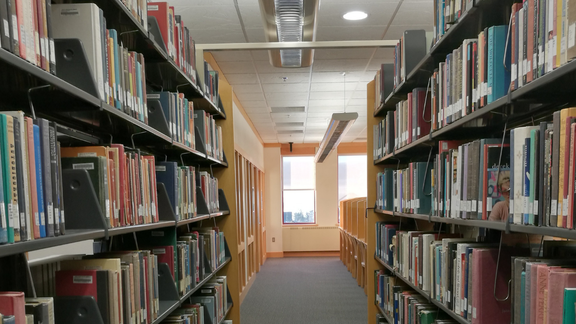 a photo of library shelving with books on both sides of the viewer