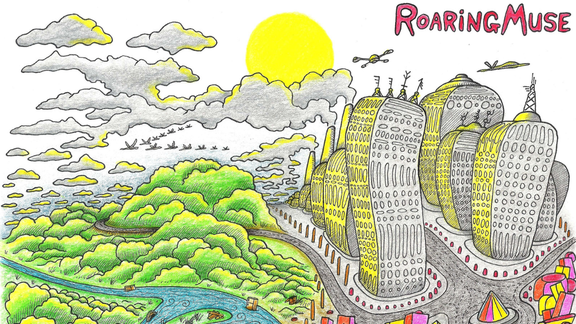 graphic of river woods and skyscrapers titled roaring muse