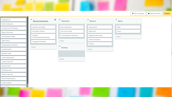 a screenshot of the card sorting tool, which shows categories and topics, over a blurry background of sticky notes.