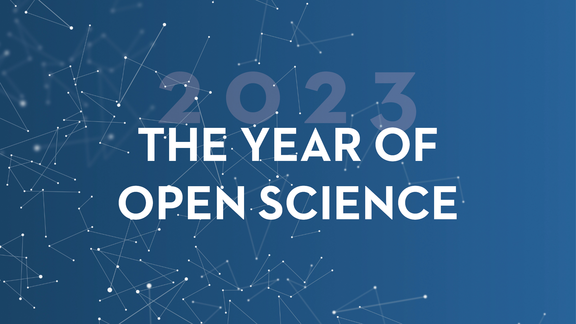 the text "2023 the year of open science" over an abstract blue background of lines connected by dots