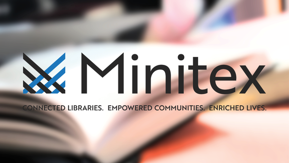 a logo that says "minitex: connected libraries, empowered communities, enriched lives" over a blurry background of open books