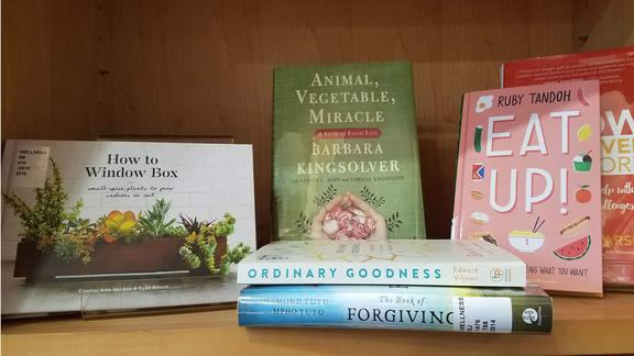 books on wellness, including titles on gardening, forgiveness and eating healthy