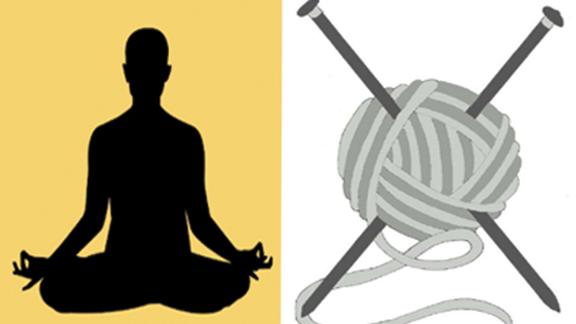 Split image with human silhouette in a lotus pose, and yarn with knitting needles