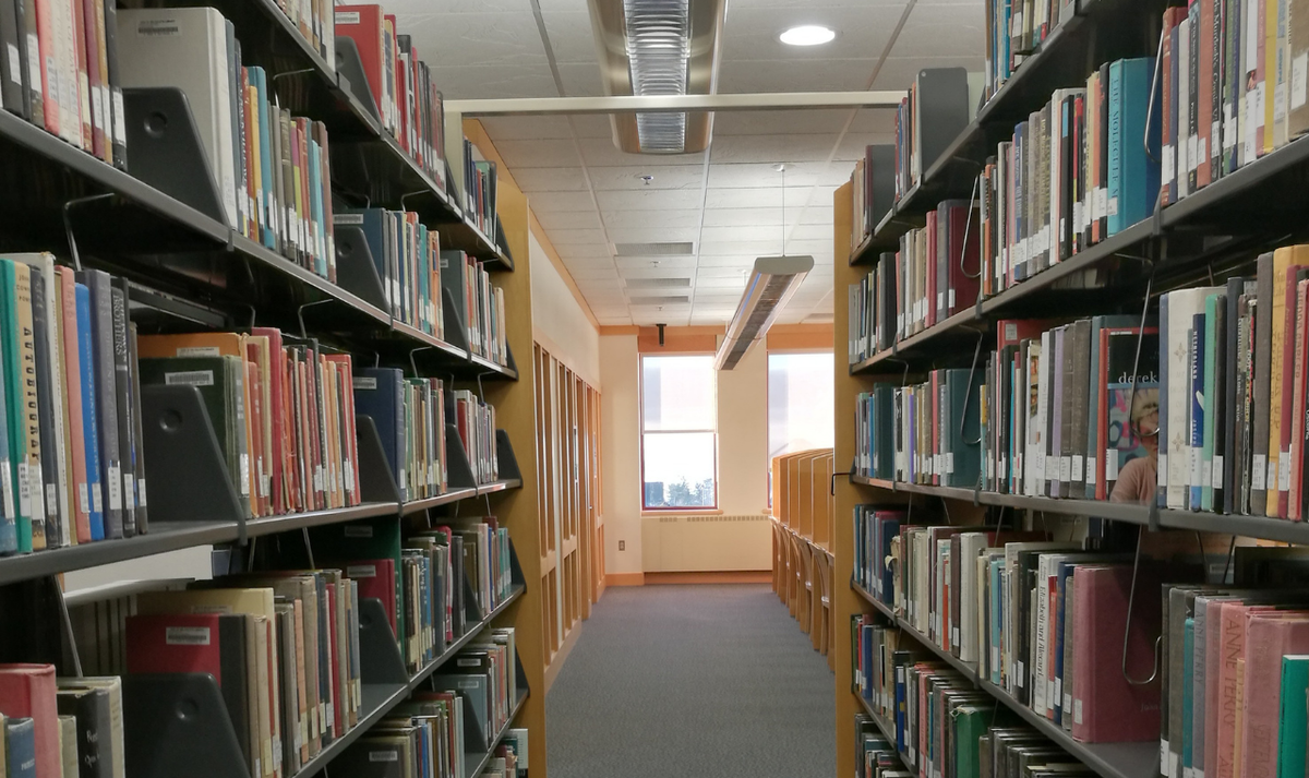 a photo of library shelving with books on both sides of the viewer