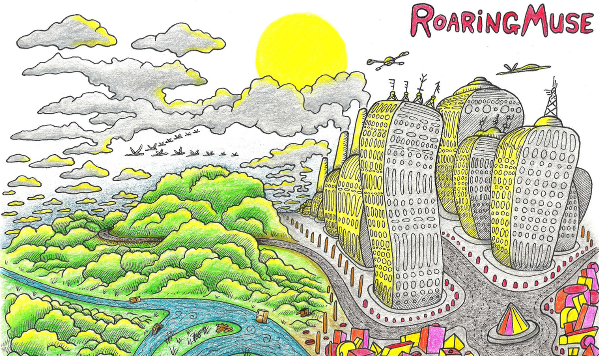 graphic of river woods and skyscrapers titled roaring muse