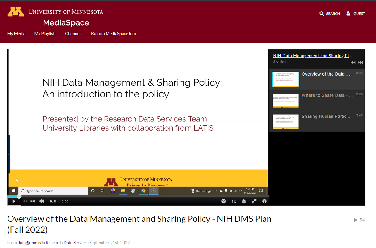 screen shot of the MediaSpace presentation on NIH Data Management and Sharing Policy