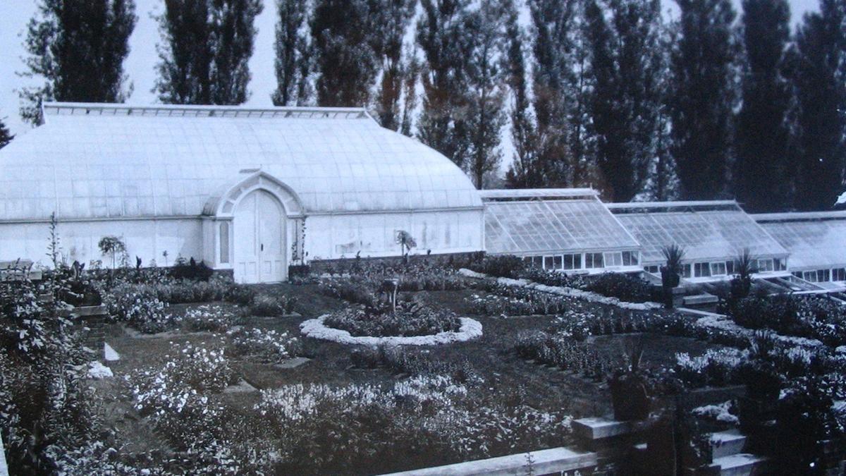 a historic photograph from 1920 of Glensheen Estate's greenhouse and gardens