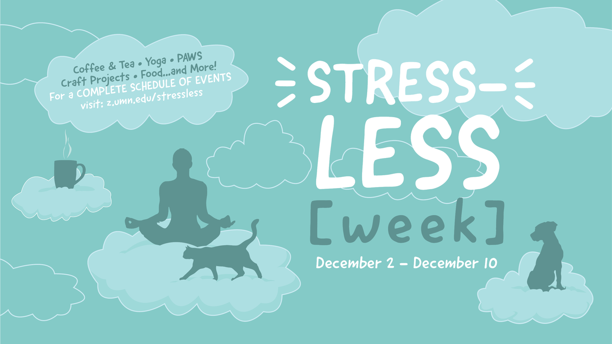 person meditating on a cloud with a cat, dog and warm beverage and the phrase "stress-less"