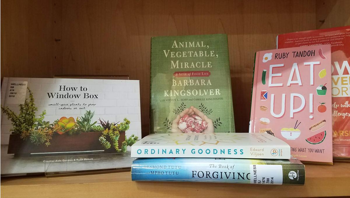 books on wellness, including titles on gardening, forgiveness and eating healthy