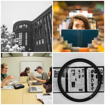 a collage of four winning photos in the library's photo contest: snowy exterior of building, female student looking through gap in library book stacks, cracked lens over microfilm, students using a study room
