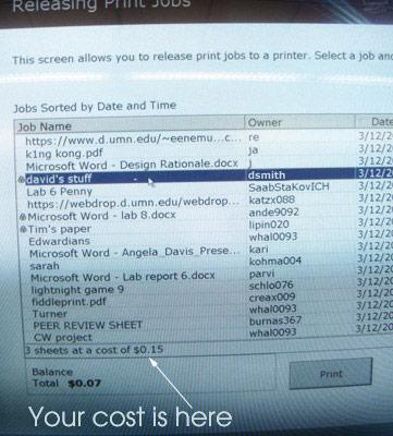 Print station showing a highlighted print job with cost and Print button